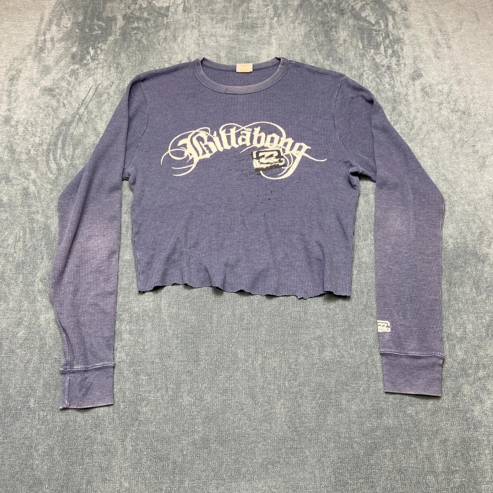 Billabong Cropped Shirt Womens XL Blue Cotton Wordmark Logo Waffle Knit Classic